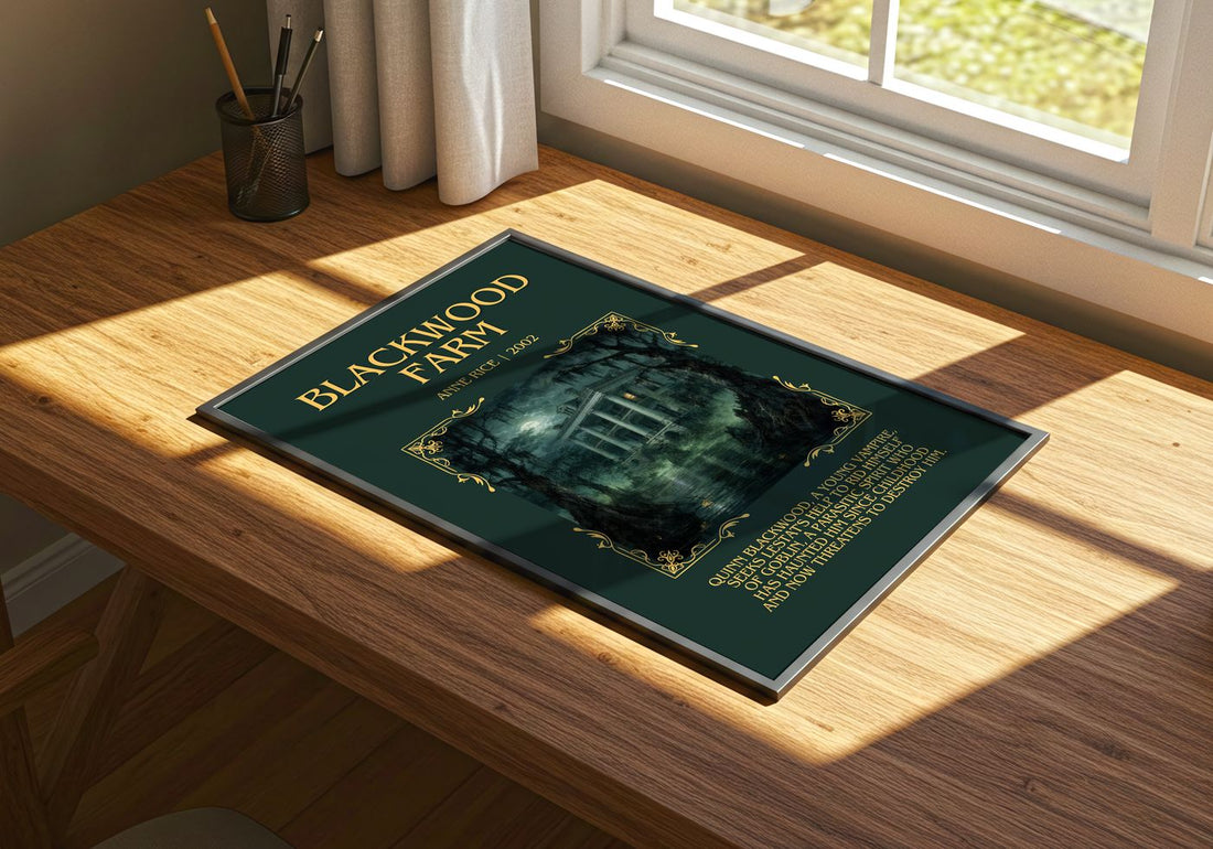 Blackwood Farm Minimalist Book Poster by Anne Rice – print on a sunlit desk