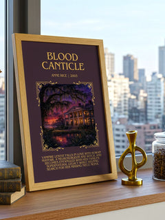 Blood Canticle Minimalist Book Poster by Anne Rice – framed print on a city-view windowsill