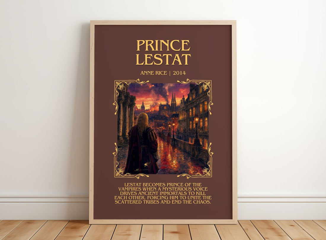 Prince Lestat Minimalist Book Poster by Anne Rice – framed print leaning on a wooden floor