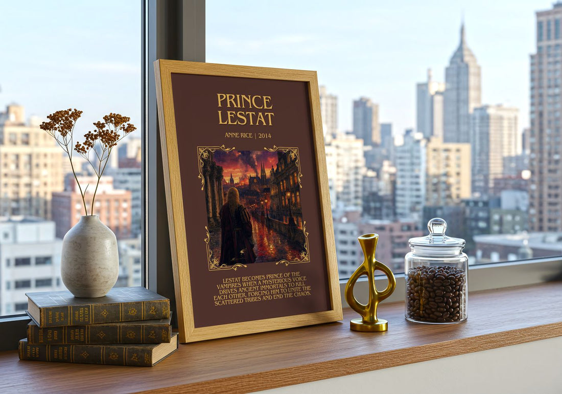 Prince Lestat Minimalist Book Poster by Anne Rice – framed print on a city-view windowsill