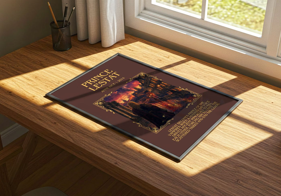 Prince Lestat Minimalist Book Poster by Anne Rice – print on a sunlit desk