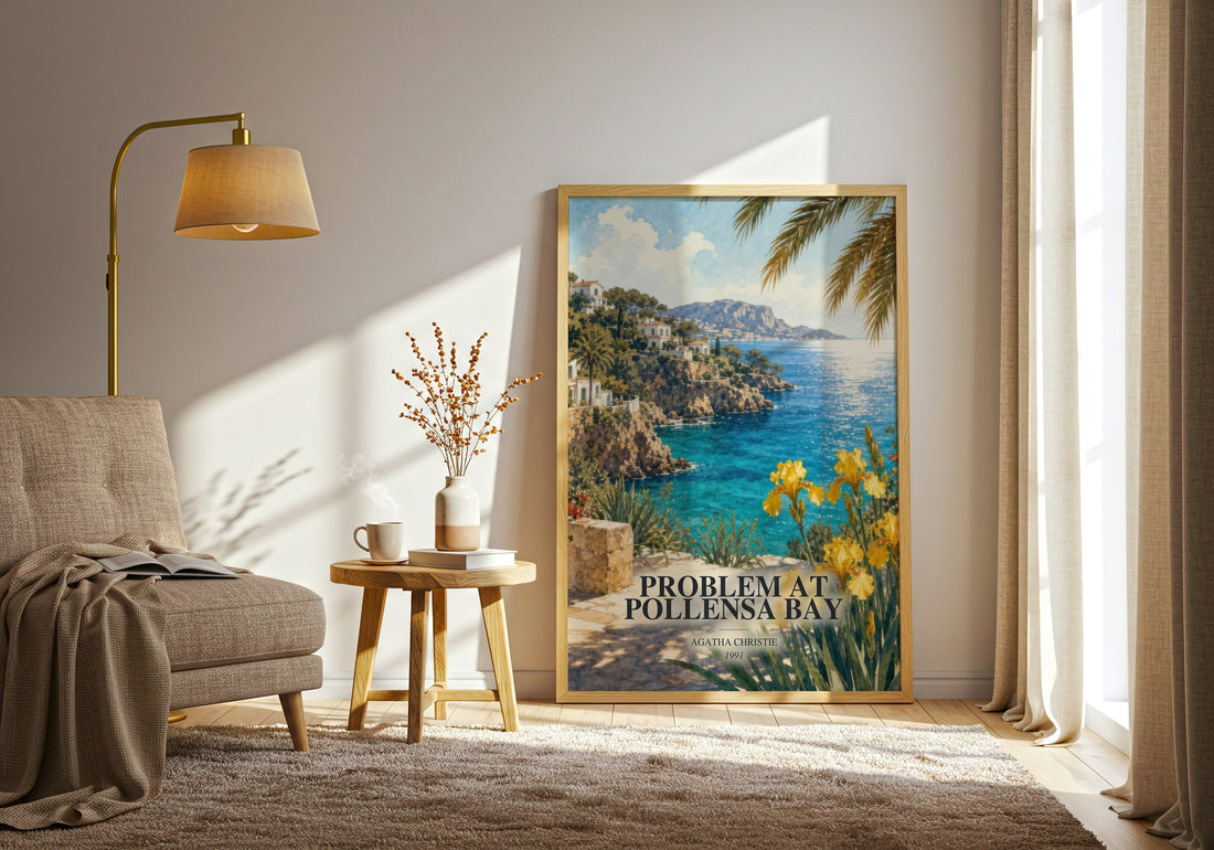 Problem At Pollensa Bay watercolour print in frame leaning in hallway – mystery wall art (mockup)