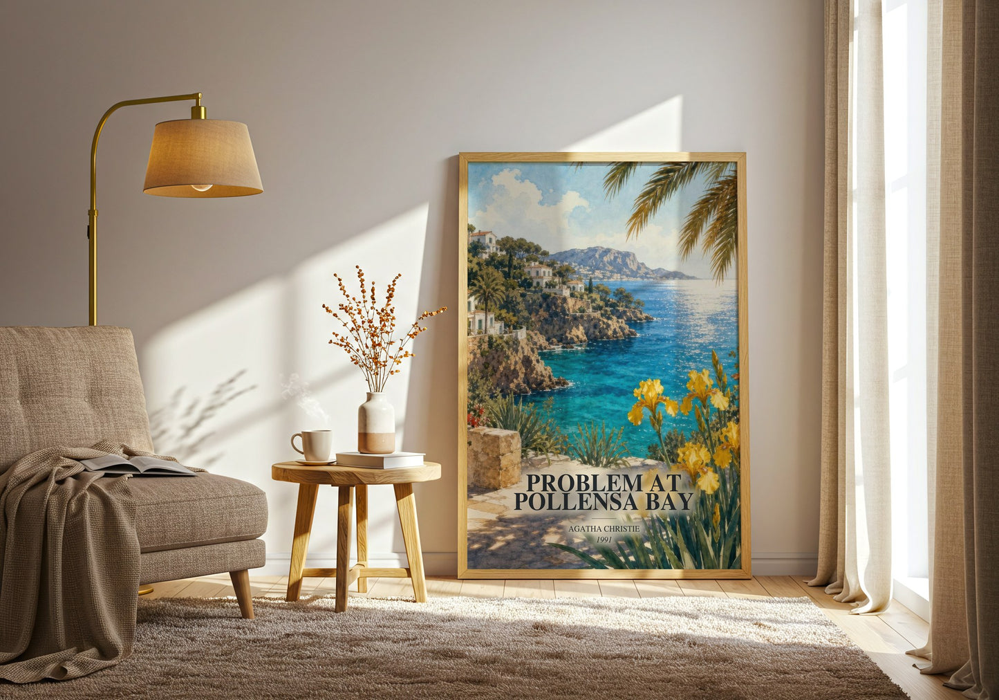 Problem At Pollensa Bay watercolour print in frame leaning in hallway – mystery wall art