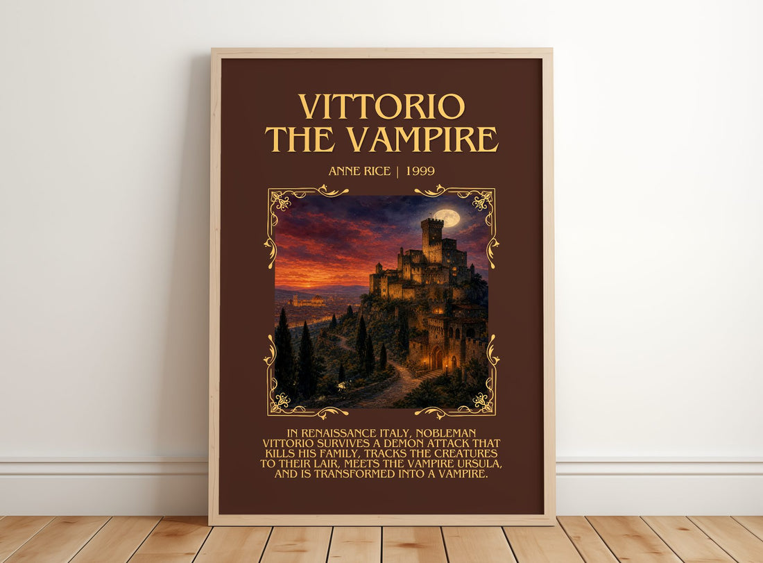 Vittorio The Vampire Minimalist Book Poster by Anne Rice – framed print leaning on a wooden floor