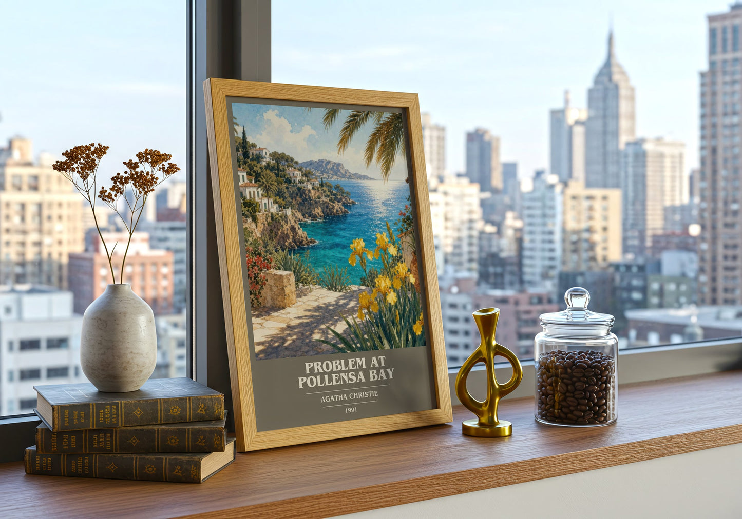 Problem At Pollensa Bay book cover print framed by window – literary home decor