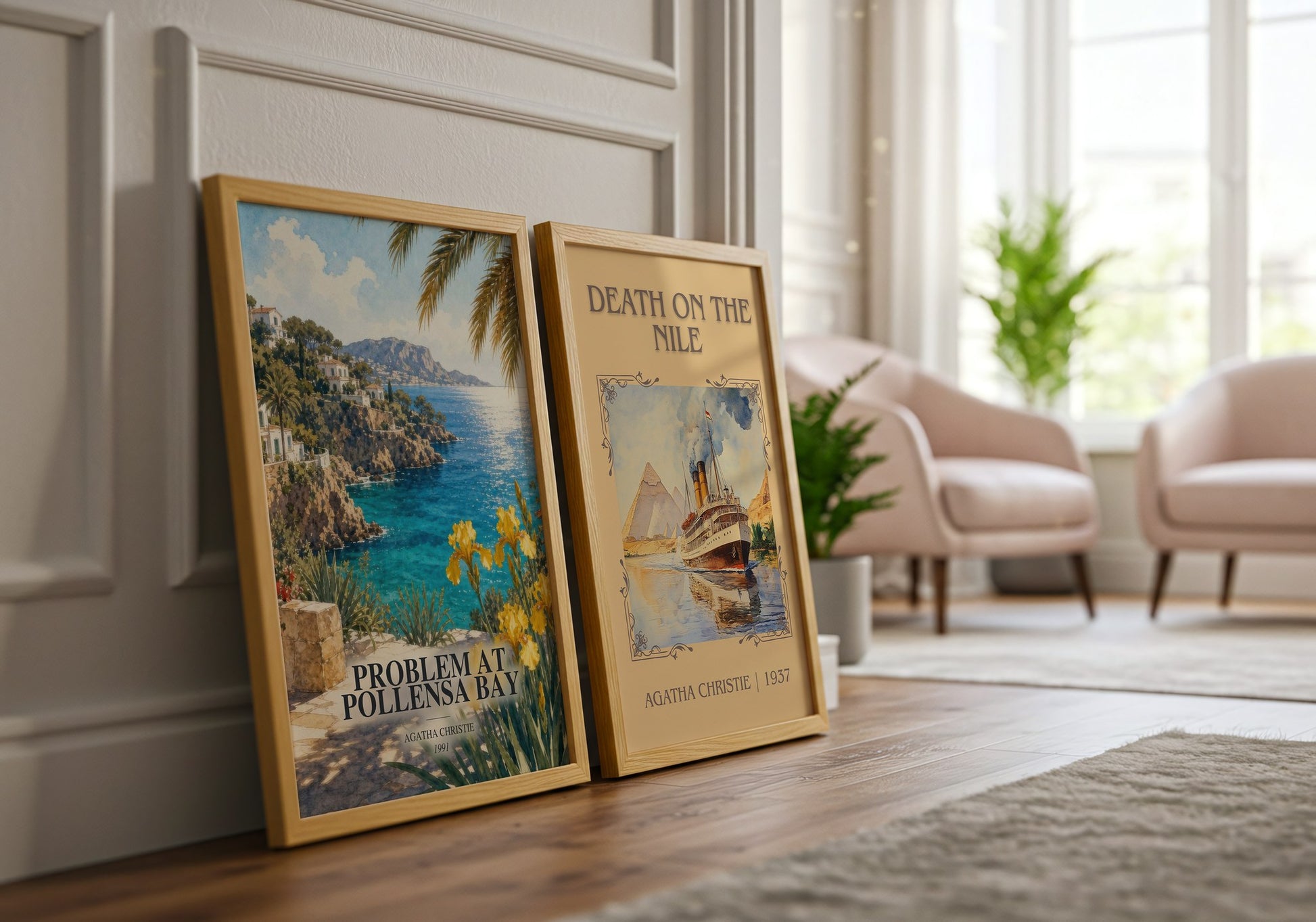 Problem At Pollensa Bay watercolour print framed by window – literary home decor