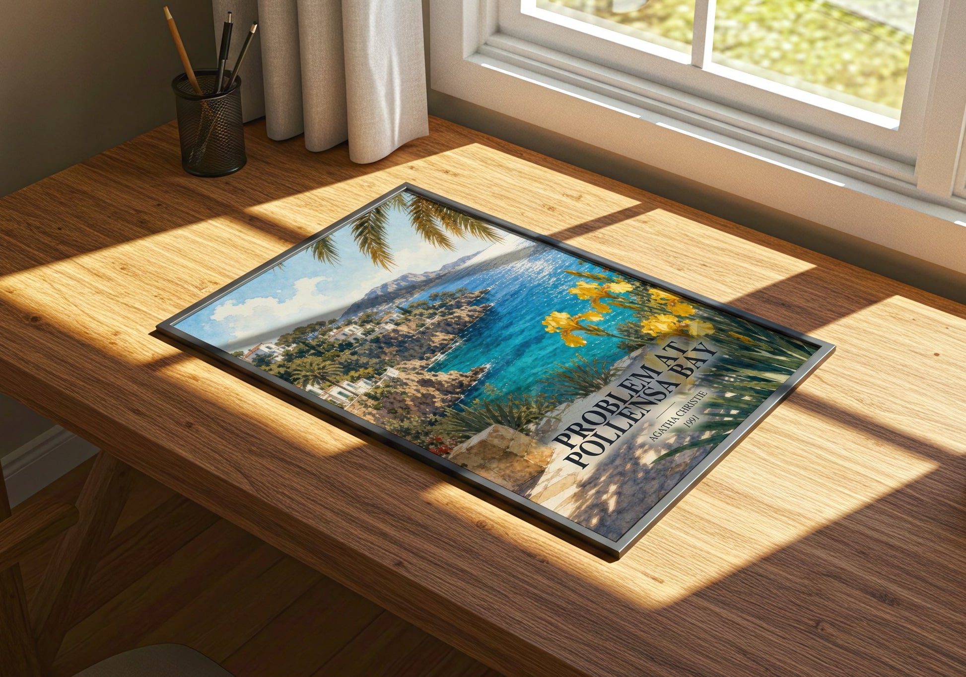 Problem At Pollensa Bay watercolour book poster framed on wall – mystery wall art