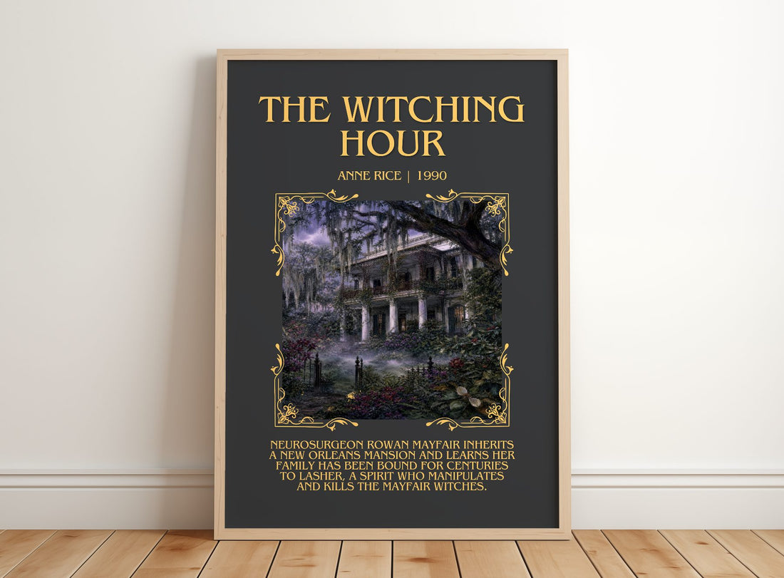 The Witching Hour Minimalist Book Poster by Anne Rice – framed print leaning on a wooden floor