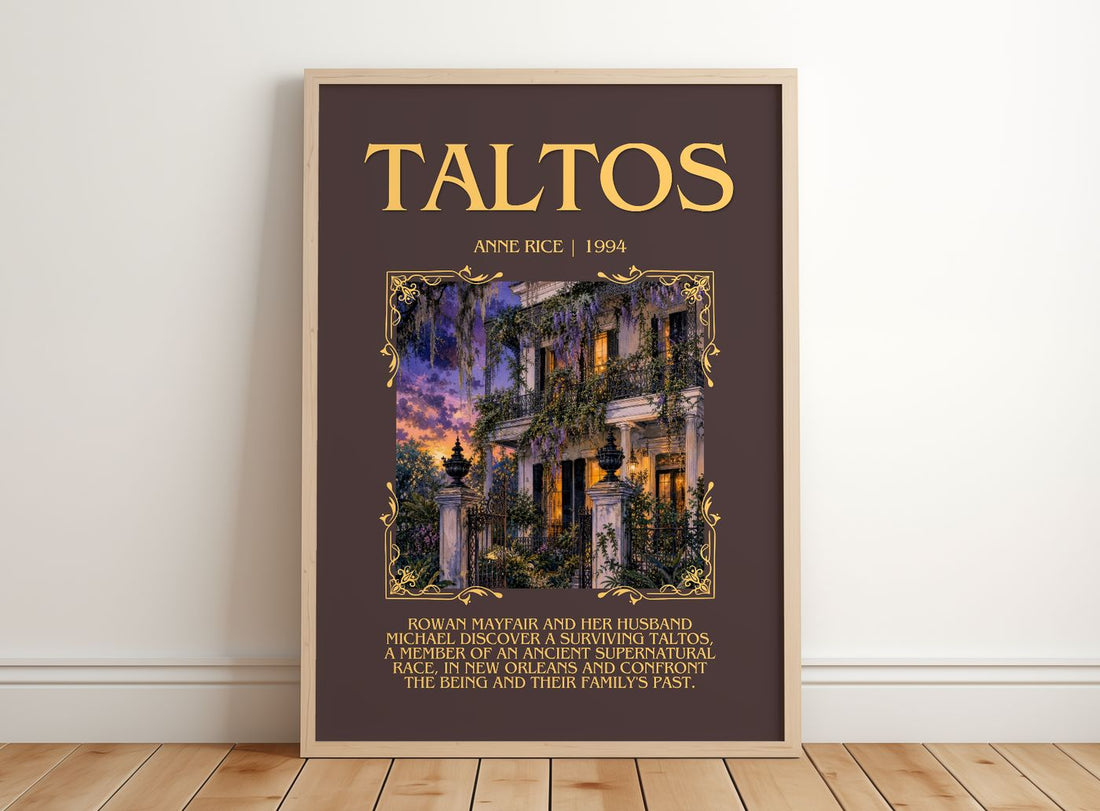 Taltos Minimalist Book Poster by Anne Rice – framed print leaning on a wooden floor