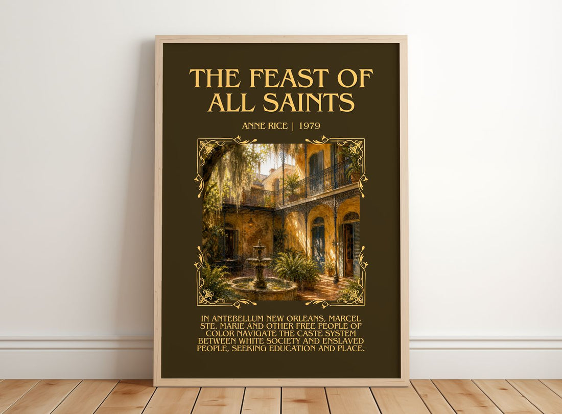 The Feast Of All Saints Minimalist Book Poster by Anne Rice – framed print leaning on a wooden floor