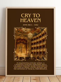 Cry To Heaven Minimalist Book Poster by Anne Rice – framed print leaning on a wooden floor