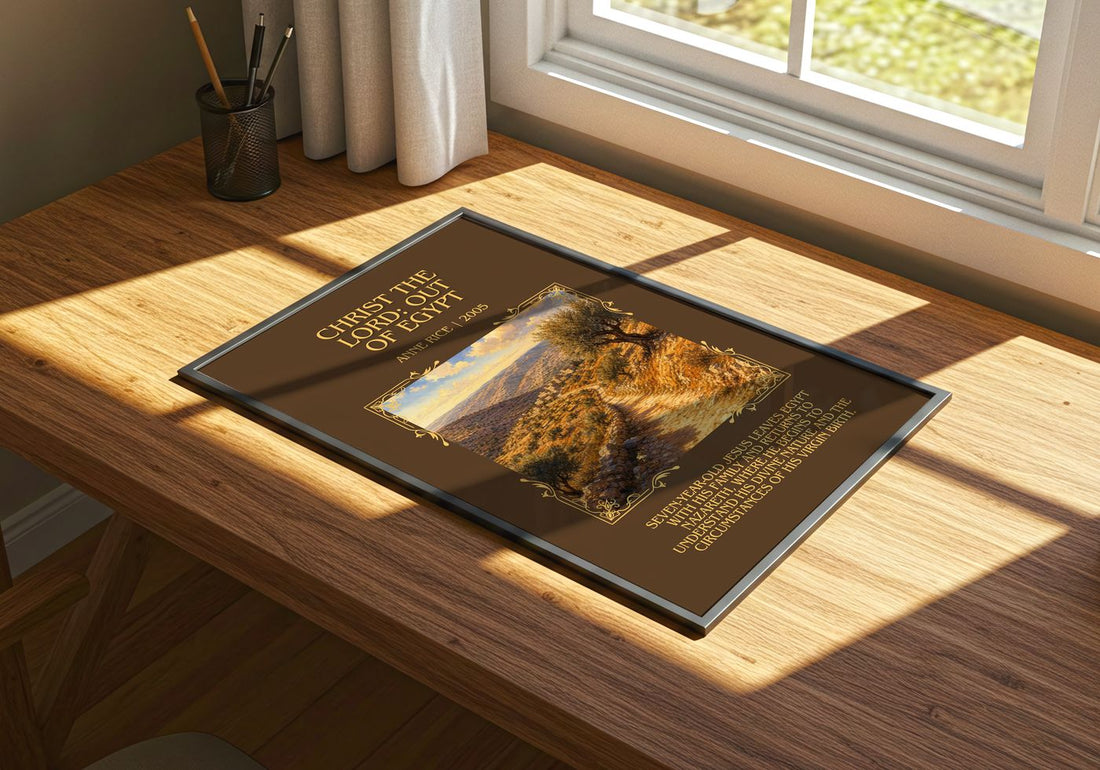 Christ The Lord: Out Of Egypt Minimalist Book Poster by Anne Rice – print on a sunlit desk