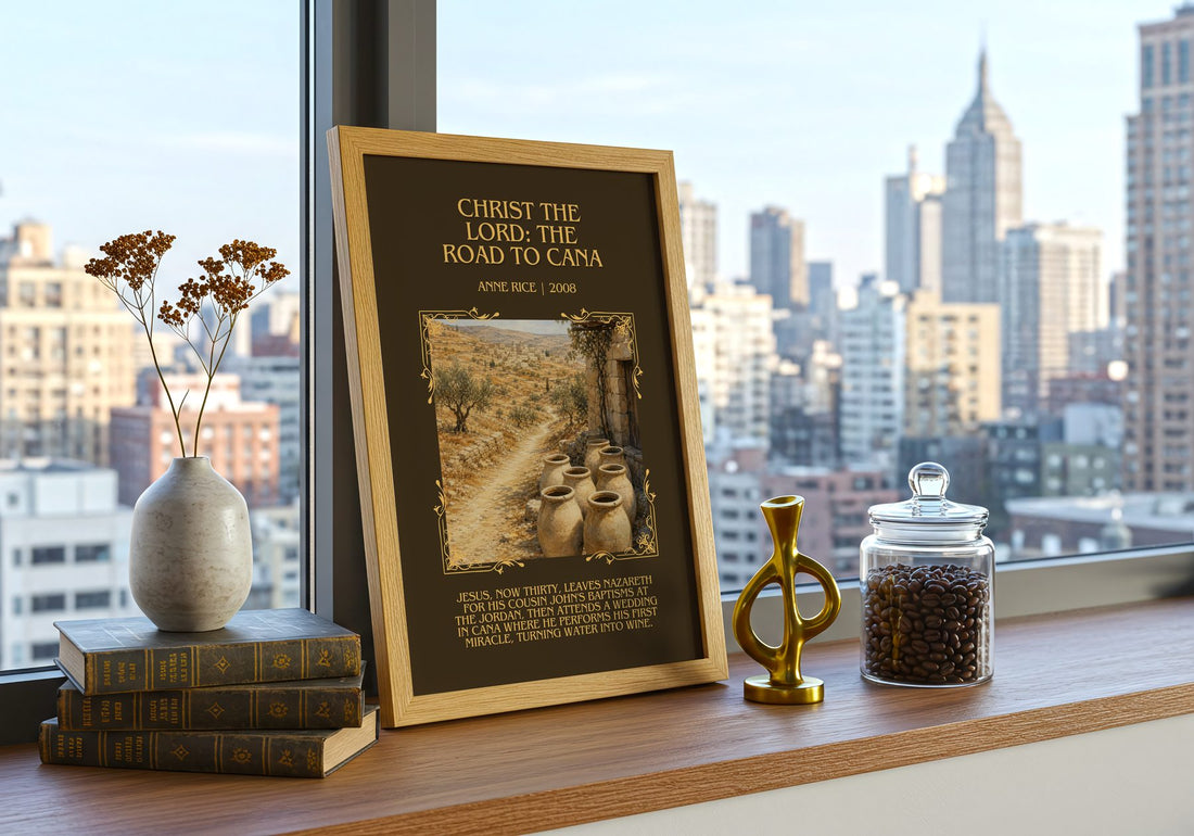 Christ The Lord: The Road To Cana Minimalist Book Poster by Anne Rice – framed print on a city-view windowsill