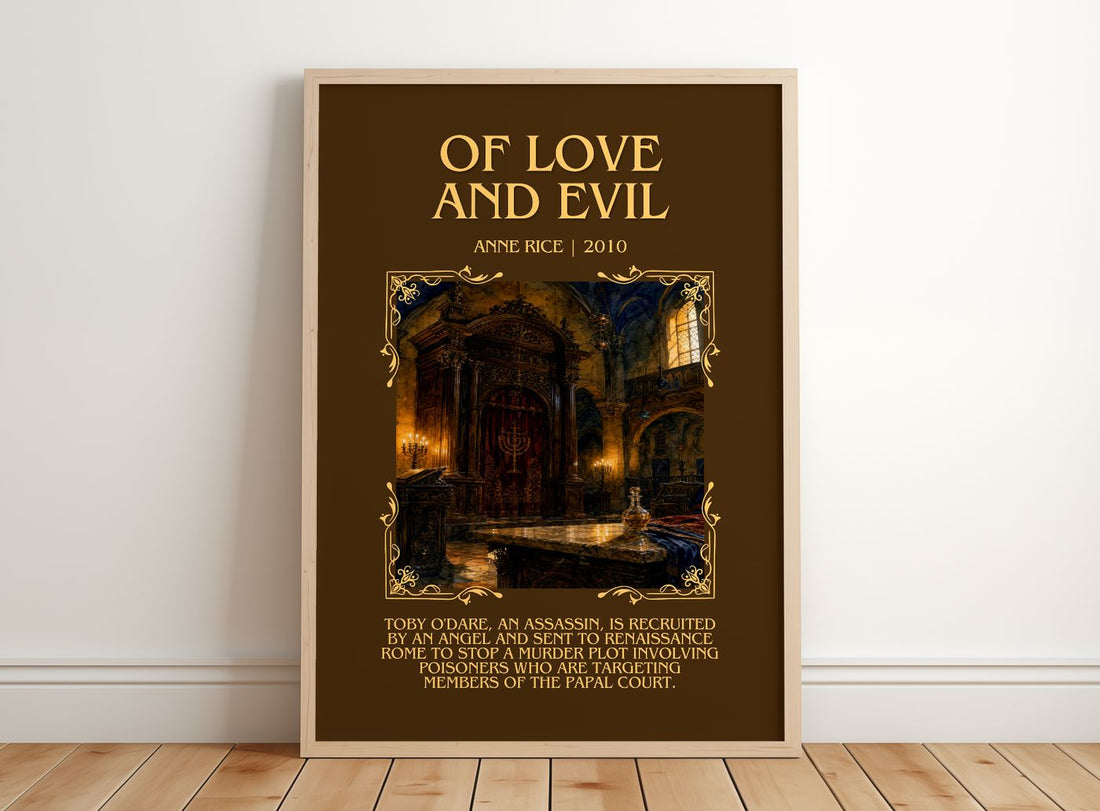 Of Love And Evil Minimalist Book Poster by Anne Rice – framed print leaning on a wooden floor