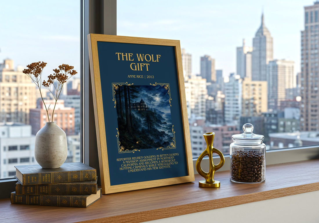 The Wolf Gift Minimalist Book Poster by Anne Rice – framed print on a city-view windowsill