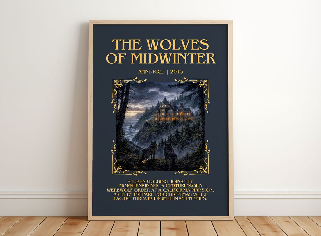 The Wolves Of Midwinter Minimalist Book Poster by Anne Rice – framed print leaning on a wooden floor