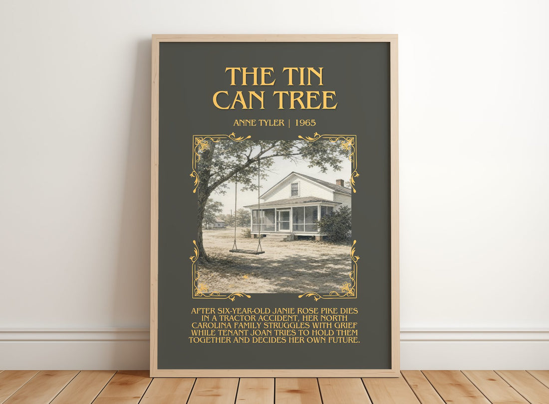 The Tin Can Tree Minimalist Book Poster by Anne Tyler – framed print leaning on a wooden floor