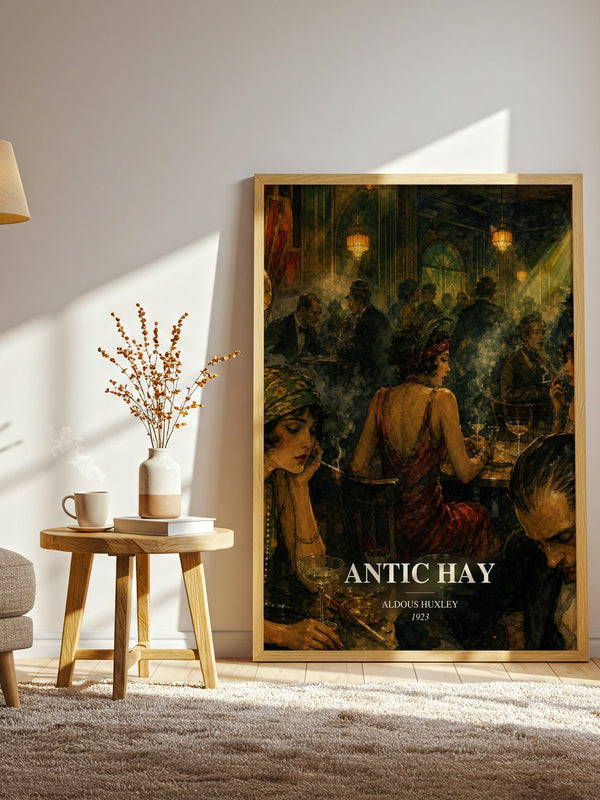 Antic Hay watercolour print in frame leaning in hallway – satire wall art