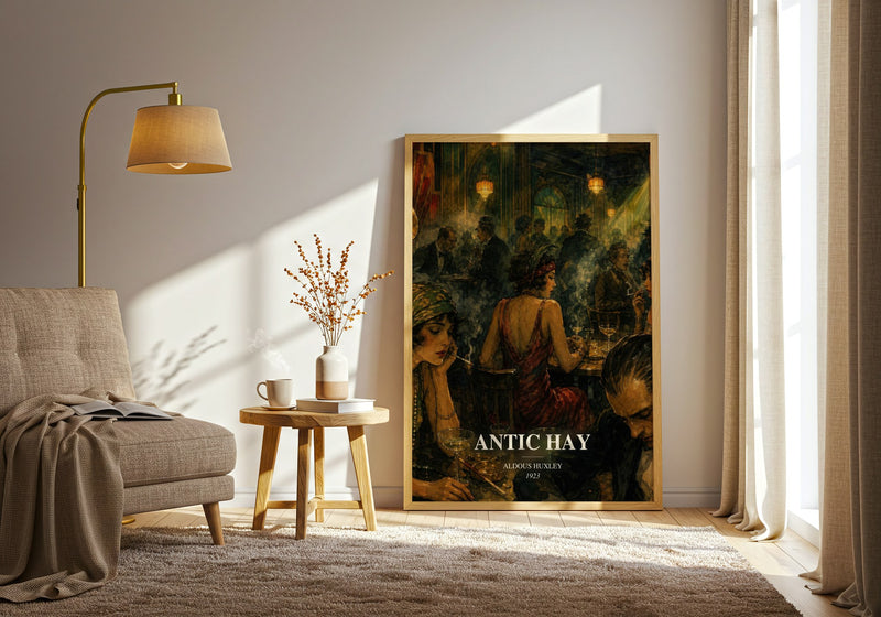Antic Hay watercolour print in frame leaning in hallway – satire wall art