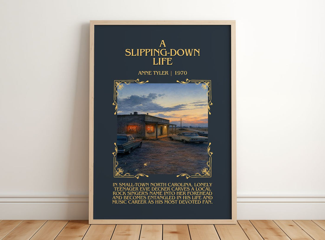 A Slipping-Down Life Minimalist Book Poster by Anne Tyler – framed print leaning on a wooden floor