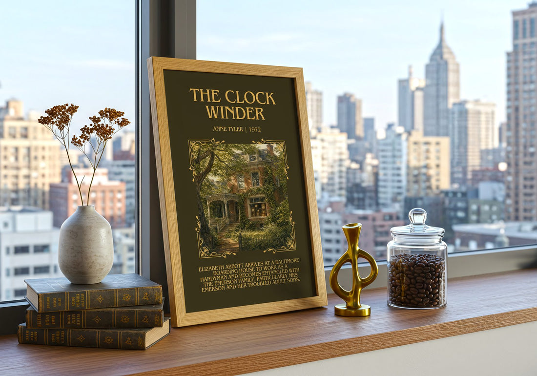 The Clock Winder Minimalist Book Poster by Anne Tyler – framed print on a city-view windowsill