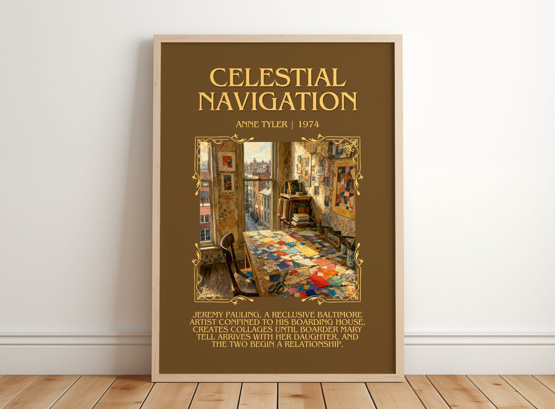 Celestial Navigation Minimalist Book Poster by Anne Tyler – framed print leaning on a wooden floor