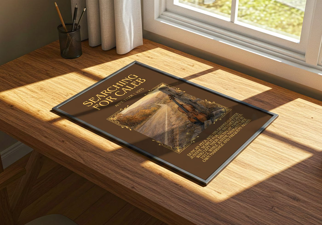 Searching For Caleb Minimalist Book Poster by Anne Tyler – print on a sunlit desk