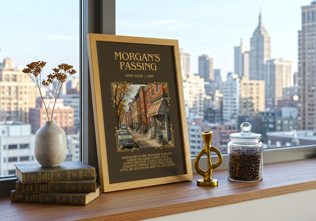 Morgan'S Passing Minimalist Book Poster by Anne Tyler – framed print on a city-view windowsill