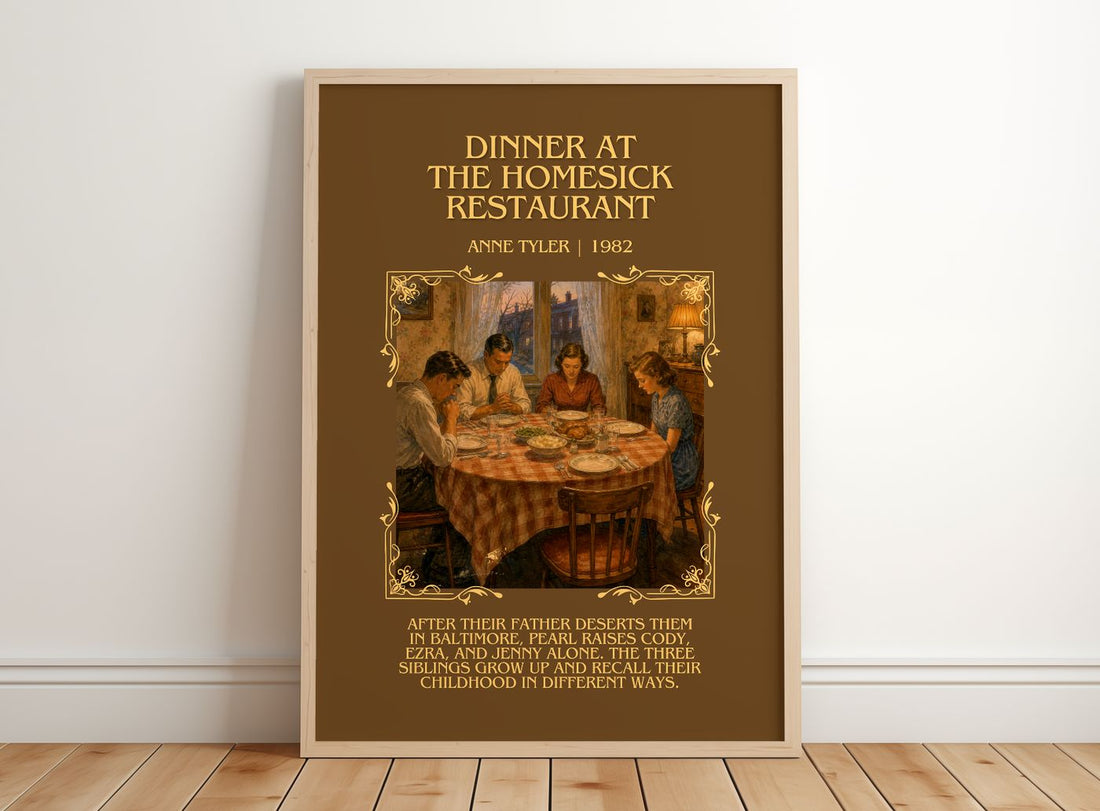 Dinner At The Homesick Restaurant Minimalist Book Poster by Anne Tyler – framed print leaning on a wooden floor