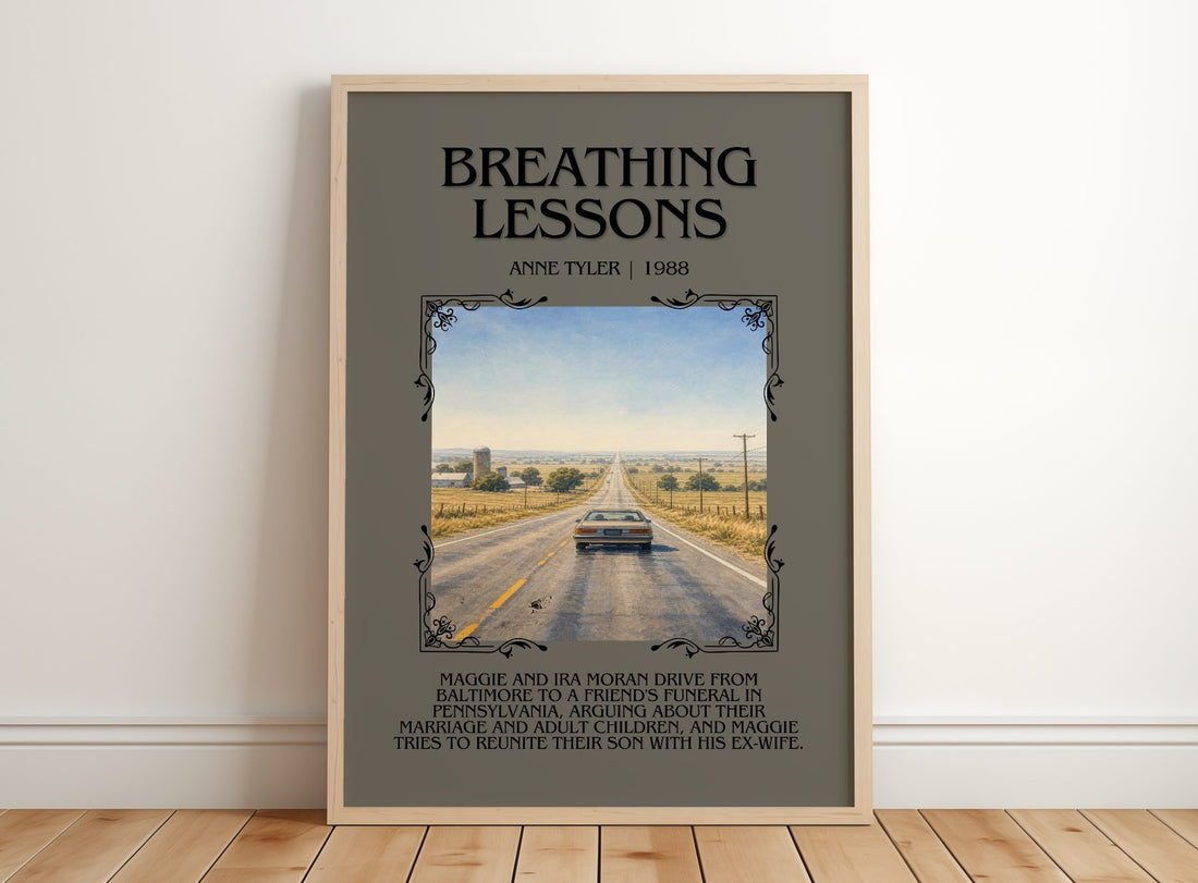 Breathing Lessons Minimalist Book Poster by Anne Tyler – framed print leaning on a wooden floor