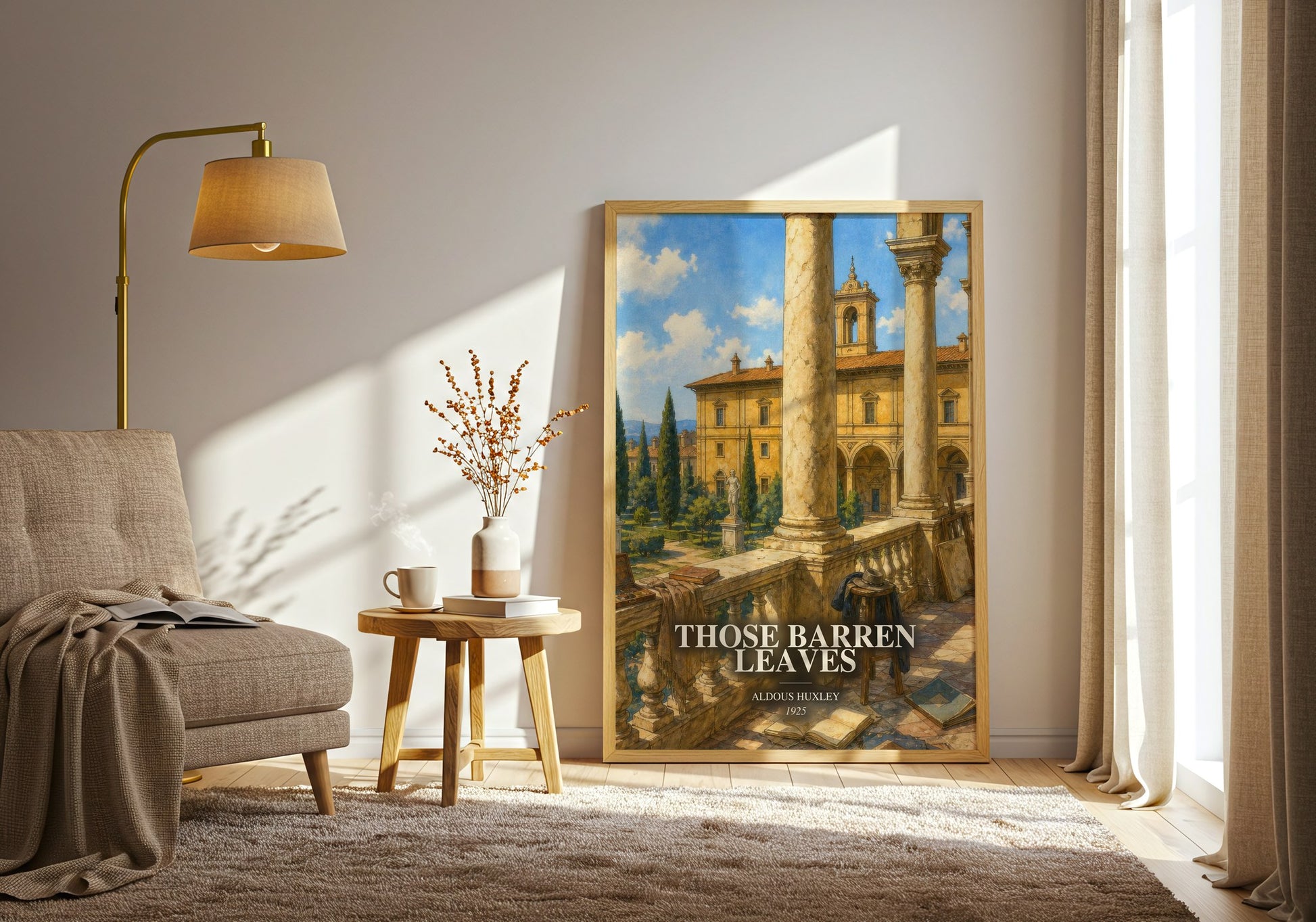Those Barren Leaves watercolour print in frame leaning in hallway – literary fiction wall art