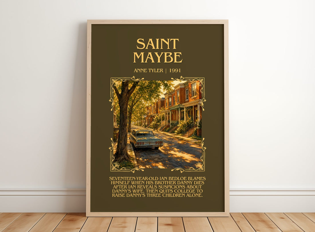 Saint Maybe Minimalist Book Poster by Anne Tyler – framed print leaning on a wooden floor