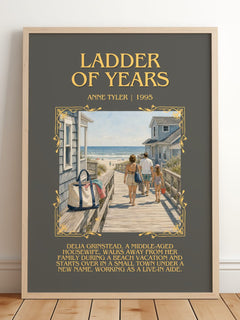 Ladder Of Years Minimalist Book Poster by Anne Tyler – framed print leaning on a wooden floor