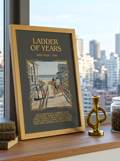 Ladder Of Years Minimalist Book Poster by Anne Tyler – framed print on a city-view windowsill