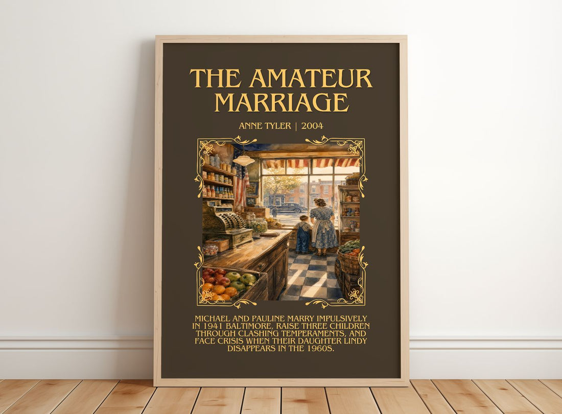 The Amateur Marriage Minimalist Book Poster by Anne Tyler – framed print leaning on a wooden floor