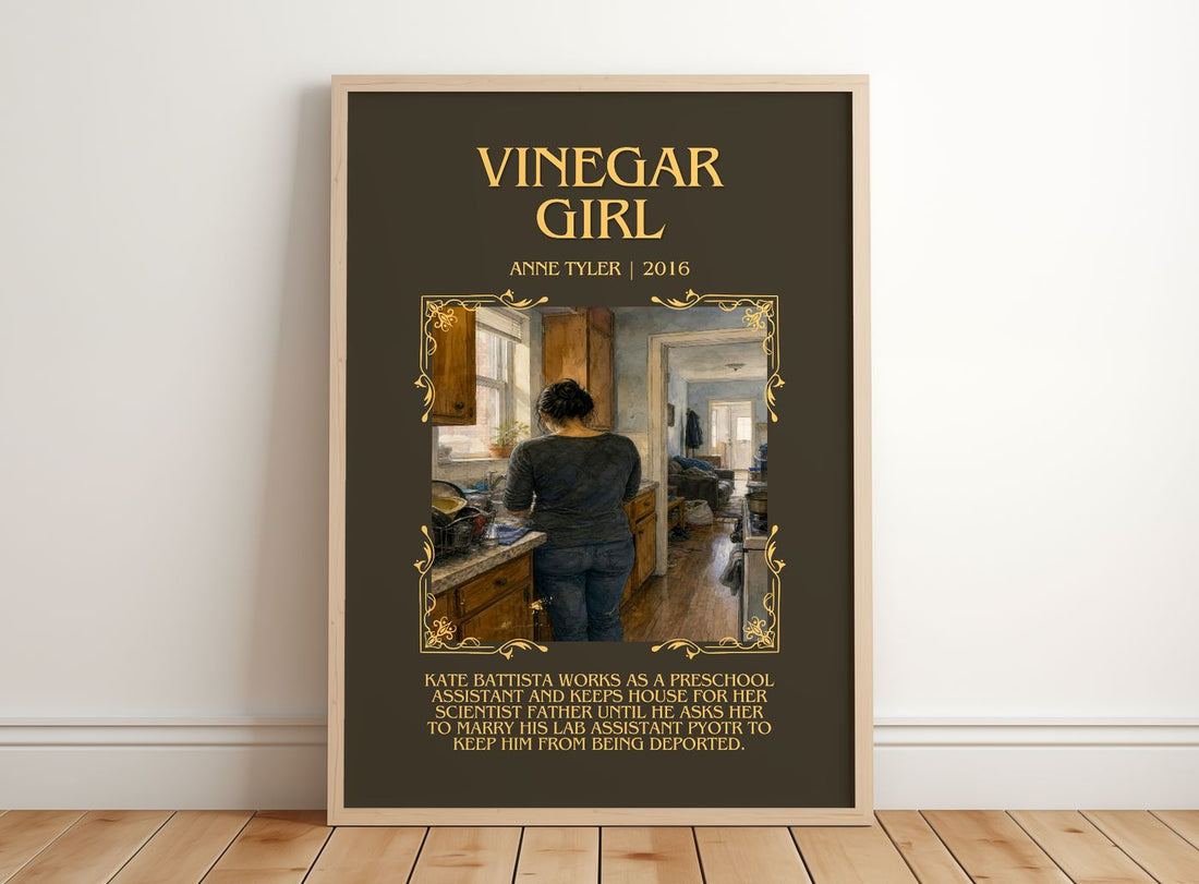 Vinegar Girl Minimalist Book Poster by Anne Tyler – framed print leaning on a wooden floor
