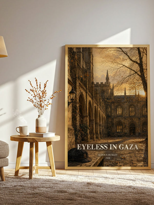Eyeless In Gaza watercolour print in frame leaning in hallway – literary fiction wall art