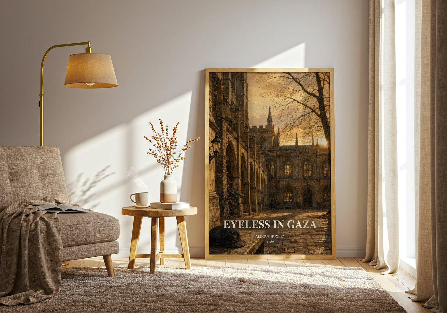 Eyeless In Gaza watercolour print in frame leaning in hallway – literary fiction wall art