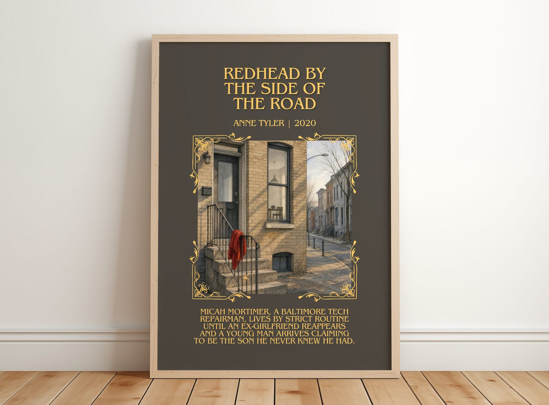 Redhead By The Side Of The Road Minimalist Book Poster by Anne Tyler – framed print leaning on a wooden floor