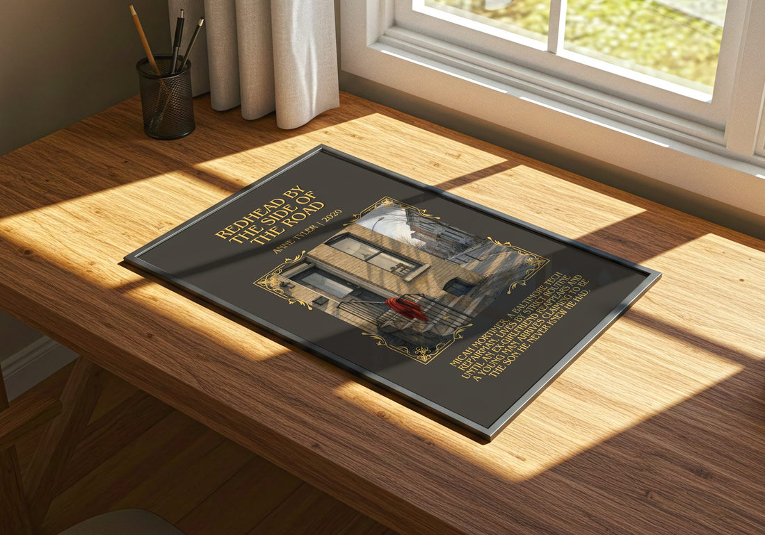 Redhead By The Side Of The Road Minimalist Book Poster by Anne Tyler – print on a sunlit desk