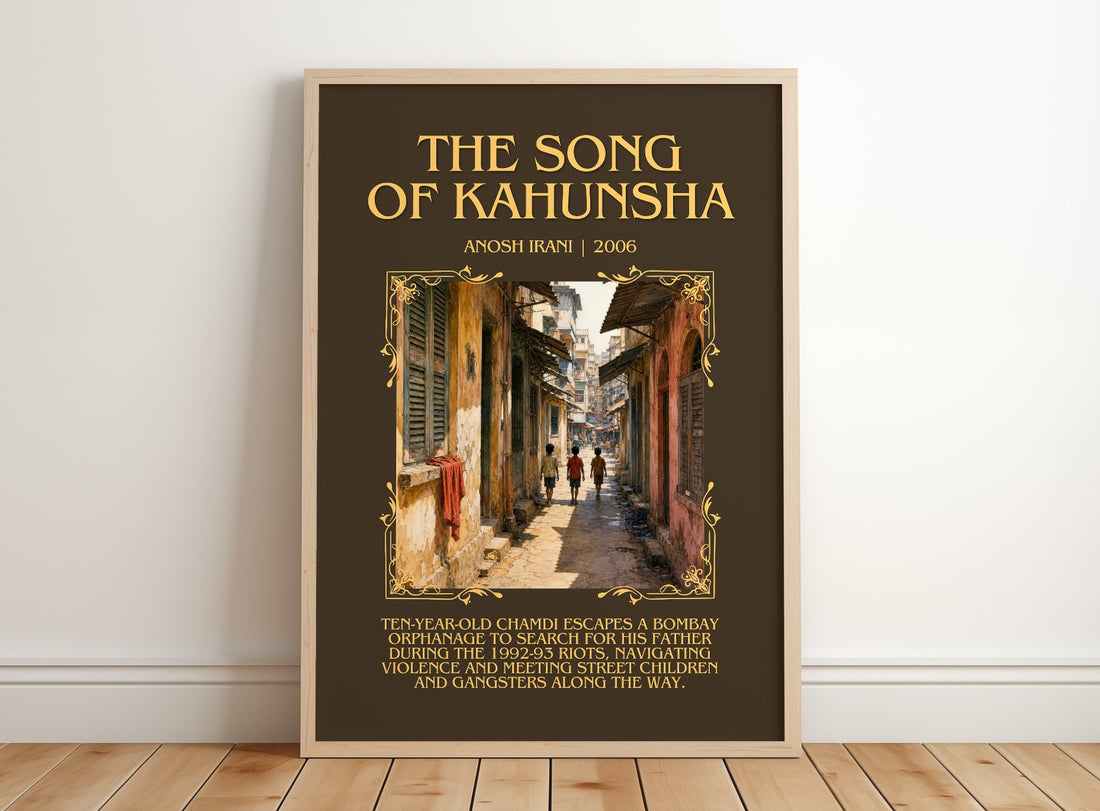 The Song Of Kahunsha Minimalist Book Poster by Anosh Irani – framed print leaning on a wooden floor