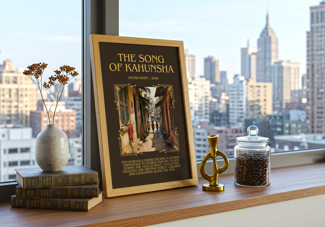 The Song Of Kahunsha Minimalist Book Poster by Anosh Irani – framed print on a city-view windowsill