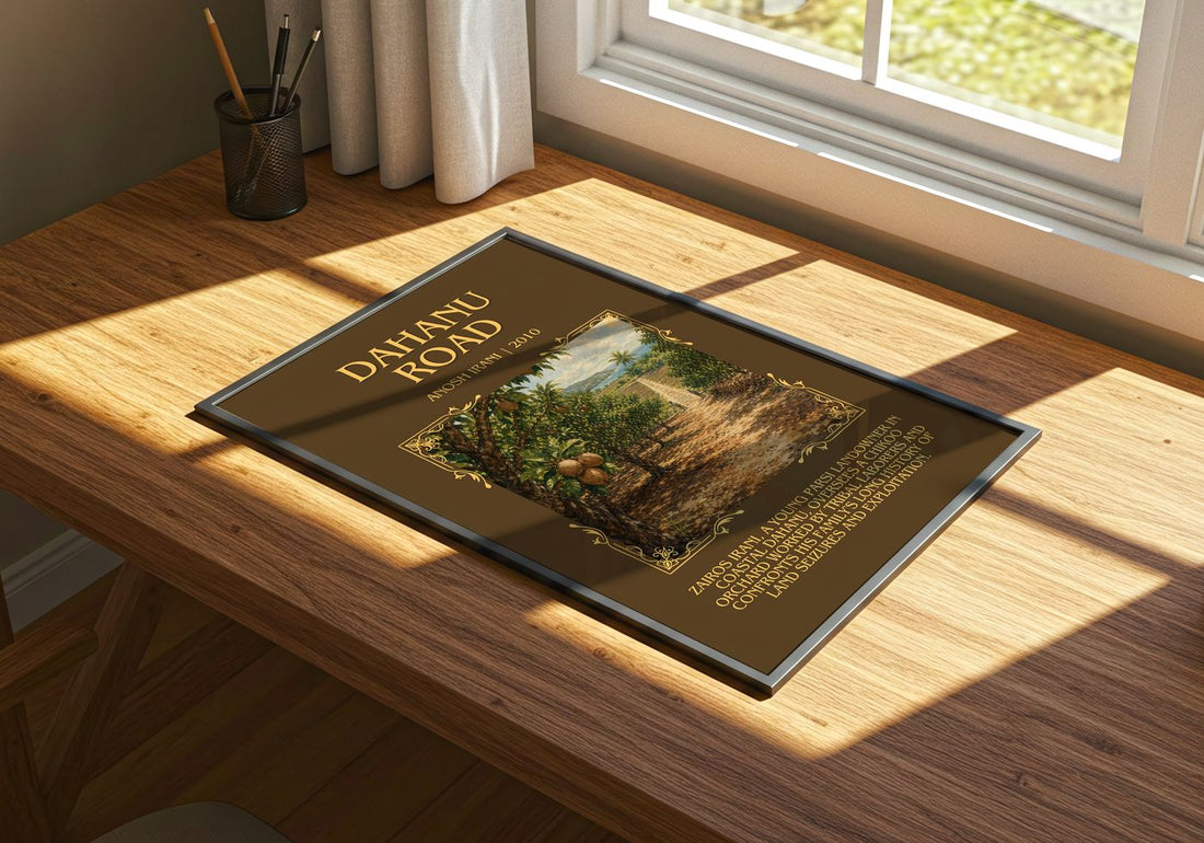 Dahanu Road Minimalist Book Poster by Anosh Irani – print on a sunlit desk