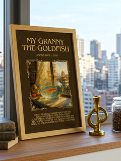 My Granny The Goldfish Minimalist Book Poster by Anosh Irani – framed print on a city-view windowsill