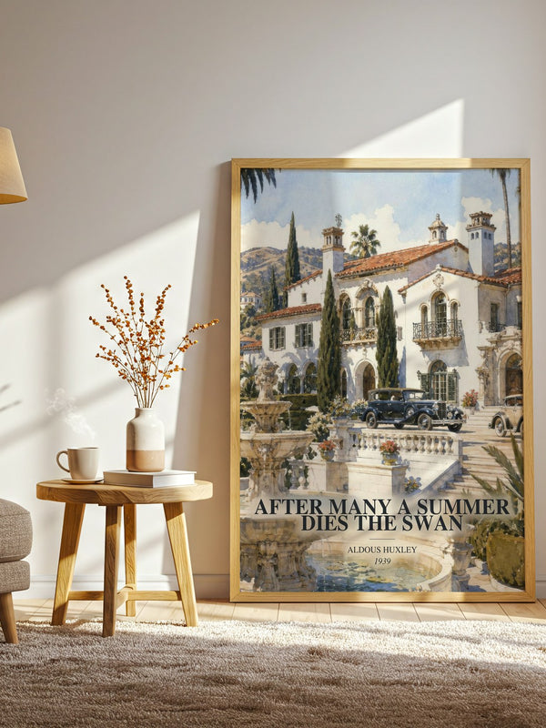 After Many A Summer Dies The Swan watercolour print in frame leaning in hallway – satire wall art