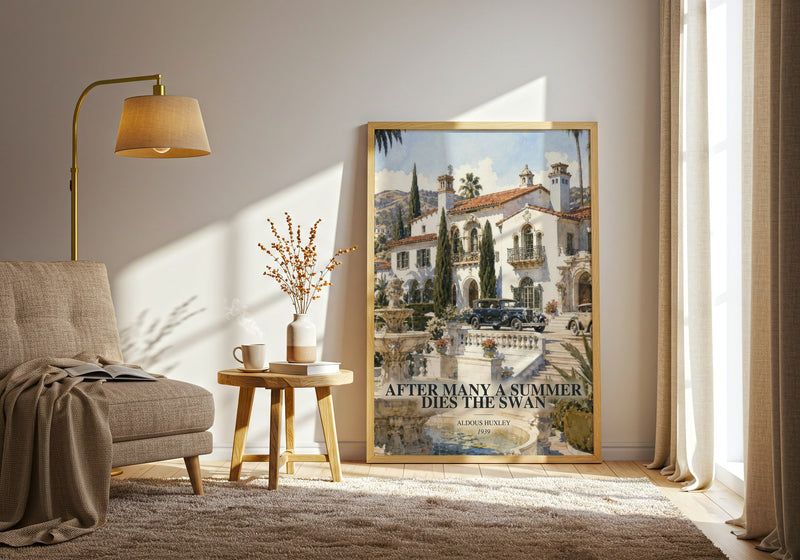 After Many A Summer Dies The Swan watercolour print in frame leaning in hallway – satire wall art