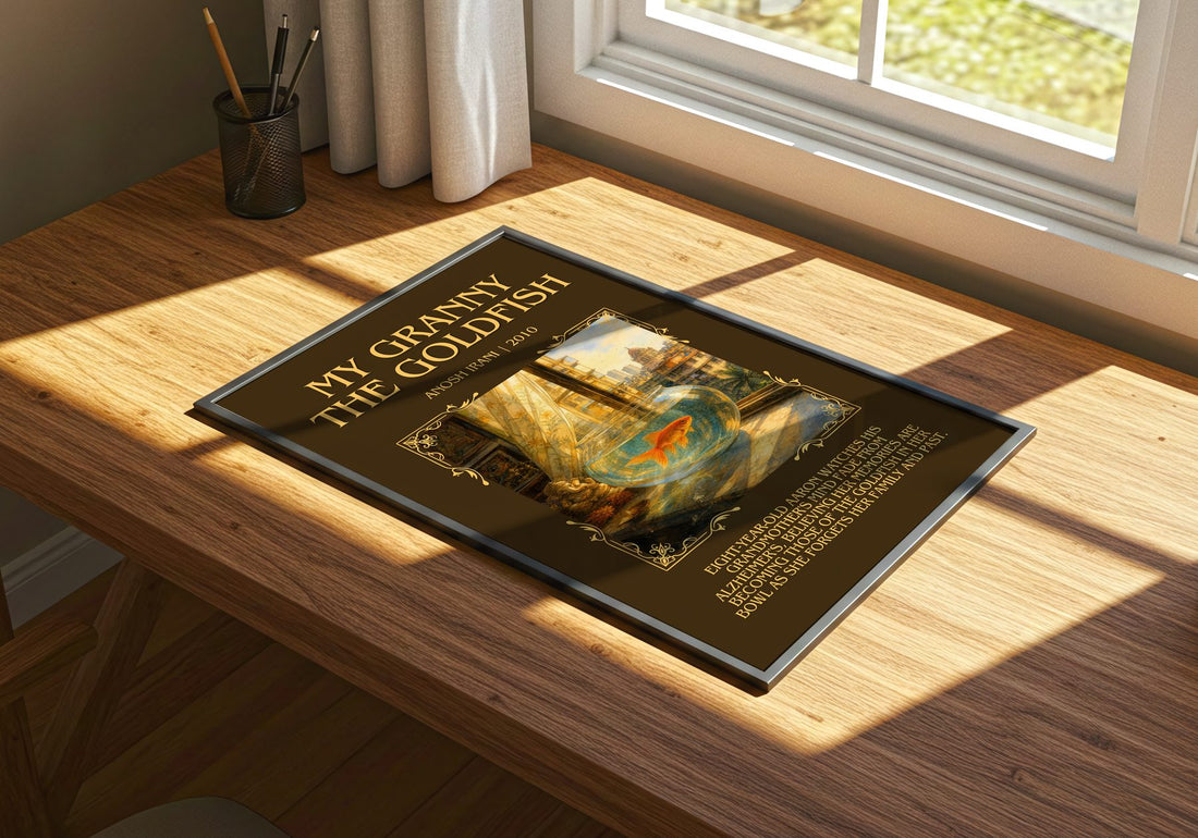 My Granny The Goldfish Minimalist Book Poster by Anosh Irani – print on a sunlit desk