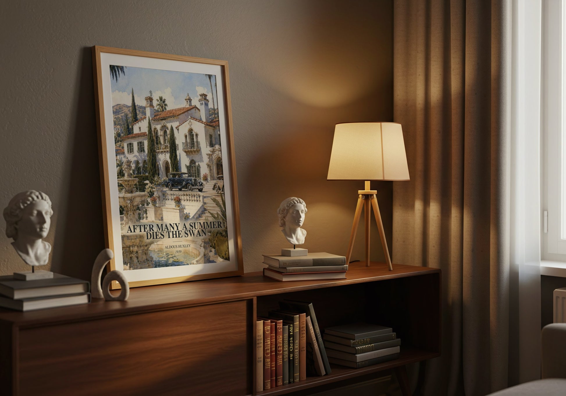 After Many A Summer Dies The Swan watercolour print on bookshelf – Aldous Huxley fan gift