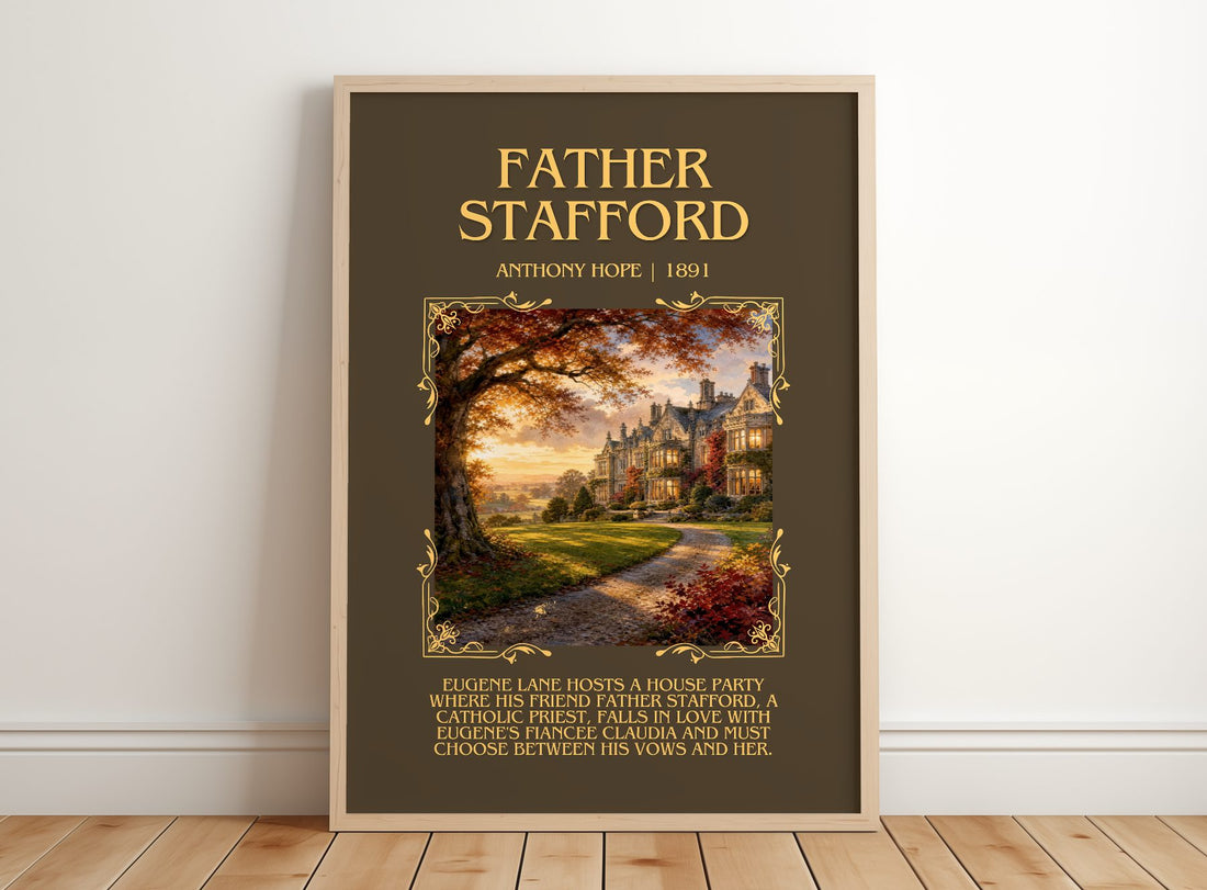 Father Stafford Minimalist Book Poster by Anthony Hope – framed print leaning on a wooden floor