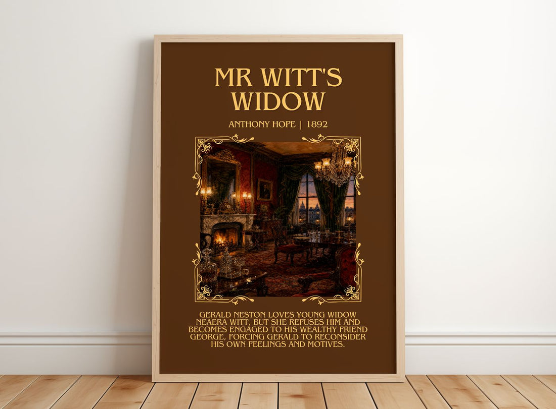 Mr Witt'S Widow Minimalist Book Poster by Anthony Hope – framed print leaning on a wooden floor